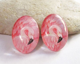 2 Pink Flamingo Glass Dome Cabochons for 18x25mm Oval Settings | Cabochon Earrings Necklaces Rings Key Chains Brooch Pendants | DIY Jewelry