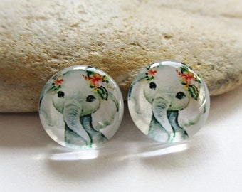 2 Baby Elephant Glass Dome Cabochons | 12mm Setting Baby Animals Round Glass Cabochons Earrings Necklaces Rings Key Chains Brooches Pendants