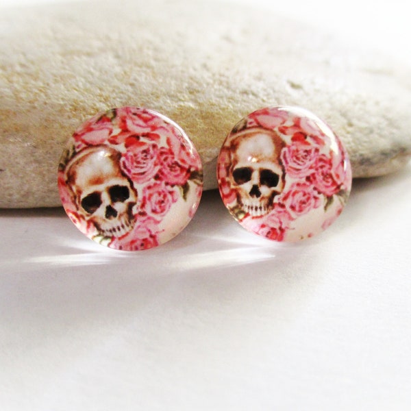 2 Skull and Roses Glass Dome Cabochons for 12mm Settings | Round Glass Cabochons Earrings Necklaces Rings Key Chains Brooches Pendants Jewel