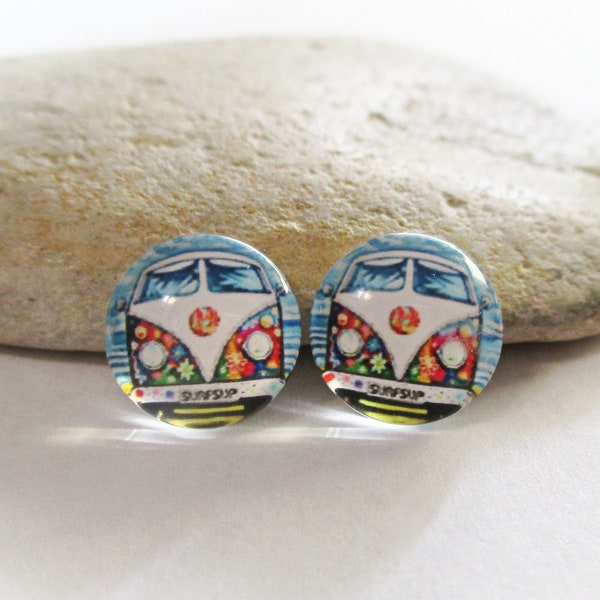 2 Glass Dome Cabochons | Flower Child VW Bus Flatbacks for 12mm Settings | Earrings Necklaces Rings Brooches Pendants | DIY Jewelry Supplies