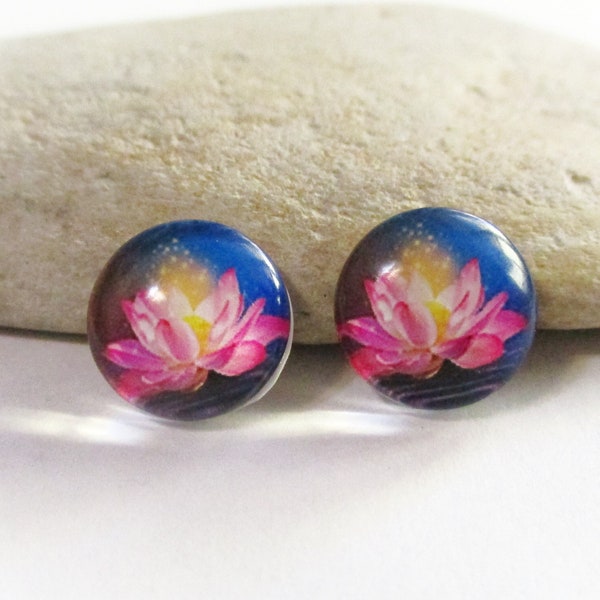 2 Lotus Flower Glass Dome Cabochons | Pink Lotus Flatbacks for 12mm Bezel Setting | Earrings Necklaces Rings Brooches | DIY Jewelry Supplies