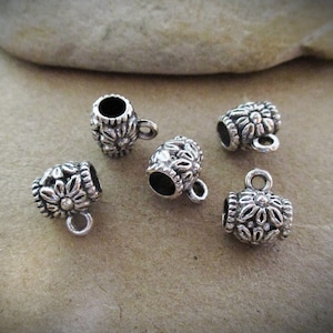 10 Silver Large Hole Bails with Flowers | Sunflower Spacer Beads for 3-4mm Cord with 2mm Loop | Charm Connectors | Tube Bails | Bail Beads