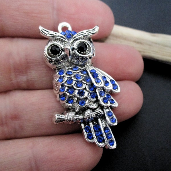 Large Blue Barn Owl Necklace Pendant for Women | Silver Owl Charm with Blue Rhinestones | Lightweight & Perfect for Big Sparkly Owl Earrings