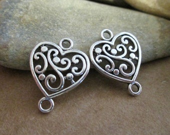 2 Heart Connectors with Swirls | Heart Shaped Earring Connectors | Heart Earring Pendants | Silver Heart Connectors | DIY Jewelry Supplies