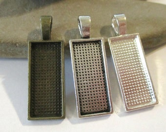 5 Rectangle Pendant Trays | Bronze or Silver Necklace Blanks | Glass Dome Cabochon | Rectangular | 10x25 mm | Bezel | Resin Pendant Base DIY