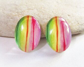 2 Colorful Glass Dome Cabochons for 18x13mm Oval Settings | Rainbow Cabochon Earrings Necklaces Rings Key Chains Brooch Pendants DIY Jewelry