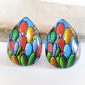 2 Colorful Cactus Glass Cabochons | For Cactus Earrings Necklace Bracelet | Teardrop Necklace | DIY Jewelry Supplies | Desert | Succulents