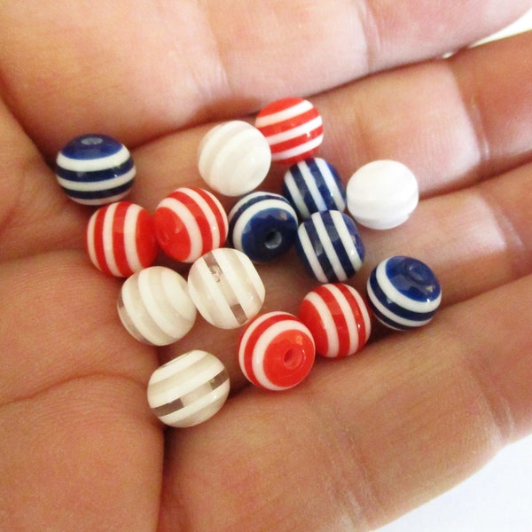 30 Red White and Blue Striped Resin Beads | 8mm Spacer Beads | Kids Beads | Childrens Beads | Kids Jewelry | Craft | DIY Jewelry Making Kits