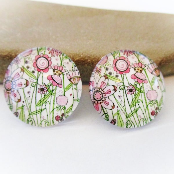 2 Flower Glass Dome Cabochons for 20mm Setting | Round Glass Cabochons for Earrings Necklaces Rings Key Chains Brooches Pendants DIY Jewelry