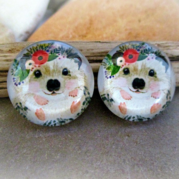 2 Cute Hedgehog Glass Dome Cabochons | 20mm Setting Baby Animals Round Glass Cabochons Earrings Necklaces Rings Key Chains Brooches Pendants