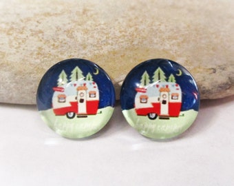 2 Glass Dome Cabochons | Van Life Happy Camper in the Forest for 12mm Settings | Earrings Necklaces Rings Brooches Pendants Jewelry Supplies
