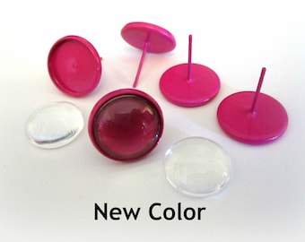 10 Fuchsia Enamel Stud Earring Blanks: 12mm Post Settings with Glass Domes