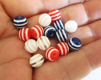 30 Red White and Blue Striped Resin Beads | 8mm Spacer Beads | Kids Beads | Childrens Beads | Kids Jewelry | Craft | DIY Jewelry Making Kits