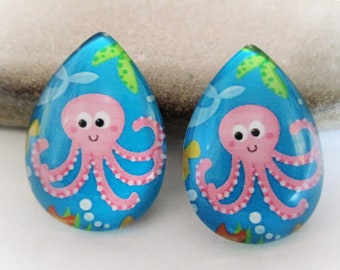 2 Cute Octopus Glass Cabochon | For Octopus Earrings Necklace Bracelet Teardrop Necklace Beach Summer Sea Life Nautical DIY Jewelry Supplies