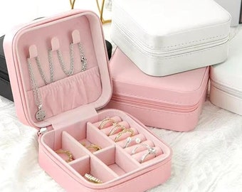 Small Leather Travel Jewelry Box: Pink & White Organizer