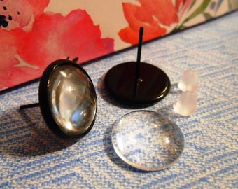 Black Enamel Stud Earring Blanks: 12mm Copper Post with Glass Dome (Set of 10)