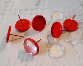 10 Red Stud Earring Blanks + Glass dome 12mm Round Earring Setting Glass Cabochon Red Enamel Post Earring Bezel Backs Jewelry Supplies