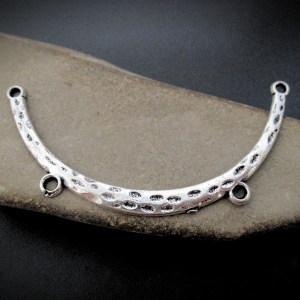 2 Hammered Silver Chandelier Pendant Connectors for Bib Necklace with 2 Loops for Charms | Curved Crescent Bar Connector | Half Moon Pendant