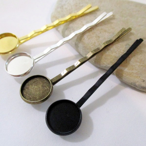 10 Hair Pin Blanks with 12mm 1/2" Cabochon Tray | Bobby Pins Round Setting Gold Silver Bronze Black | Hair Accessories Findings & Components