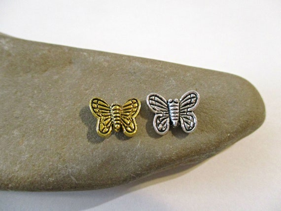 10 Tiny Butterfly Beads: Silver & Gold Charms (10mm)