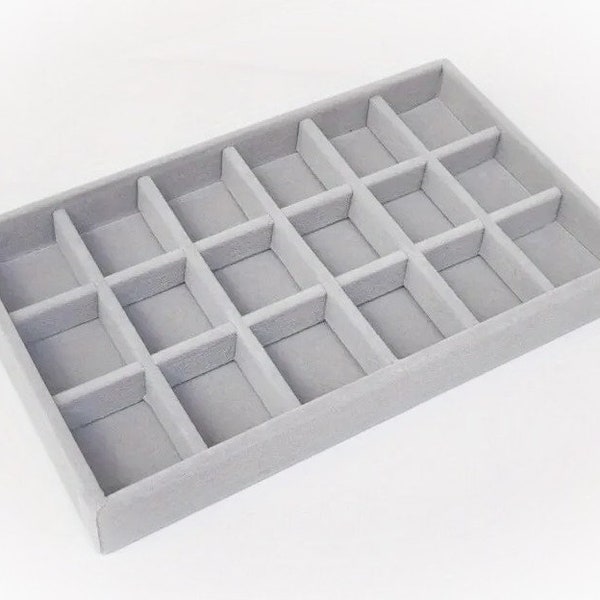 Velvet Jewelry Display Tray 18 Compartments Removable Dividers for Sellers | Grid Jewelry Showcase | Stackable Jewelry Organizer for Drawers