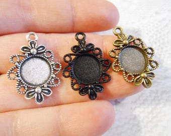 5 Floral Pendant Blanks Silver Black Bronze Flower Pendant Resin Sticker Photo Cabochon Tray Base Bezel Setting Blanks Dome Pendant Blank