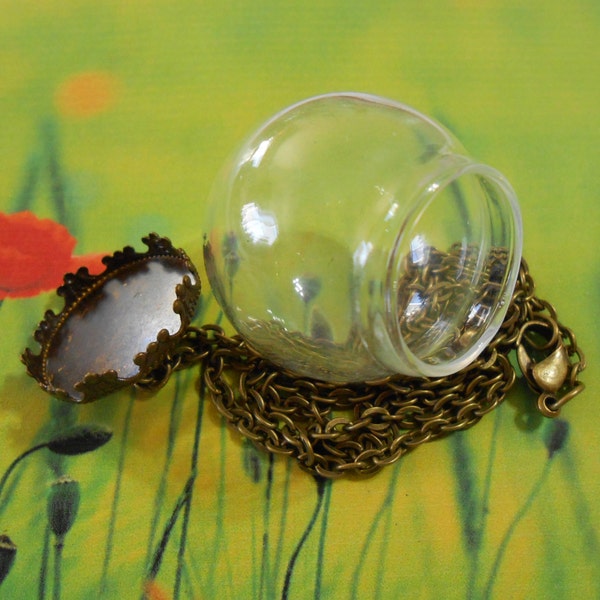 1 Glass globe necklace Bronze Lid Dome Wish Beach Bottle Vial Miniature Fairy Garden Glass Globe Pendant DIY Terrarium Jewelry Supplies