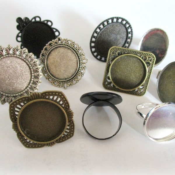 20 Ring Blanks | Mixed Colors Sizes Styles | DIY Jewelry Supplies | Adjustable Bronze Rings | For 20mm and 25x18mm Glass or Stone Cabochons