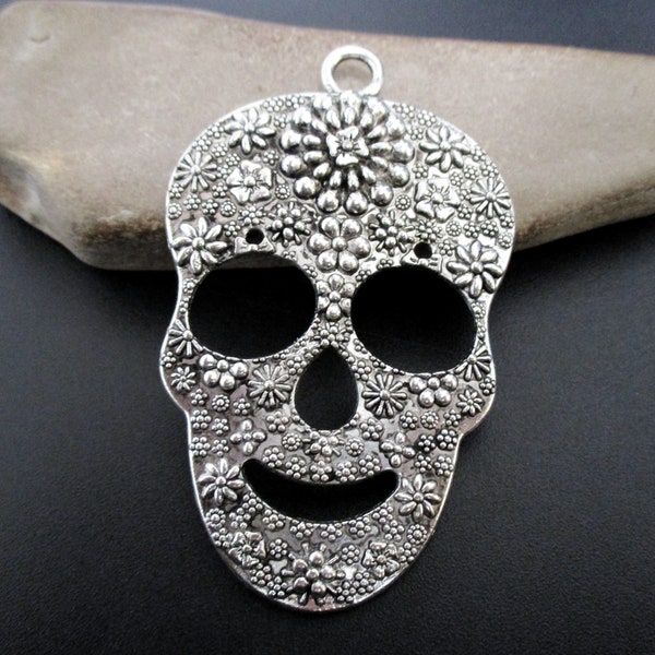 Large Silver Sugar Skull Charm | Calavera Flowered Skull Earrings DIY Findings | Sugar Skull Necklace | Dia de los Muertos | Day of the Dead