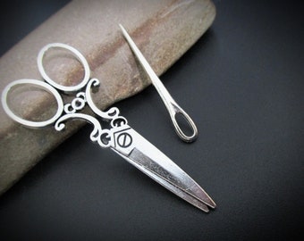 Set of 2 Scissors and Needle Charms | Large Silver Sewing Scissors Pendant for Necklace Ornaments Keychain Gift for Sewer Seamstress Quilter