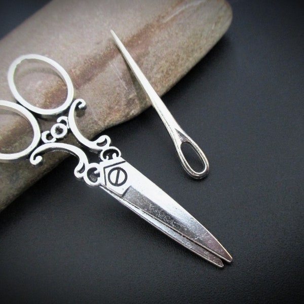 Set of 2 Scissors and Needle Charms | Large Silver Sewing Scissors Pendant for Necklace Ornaments Keychain Gift for Sewer Seamstress Quilter