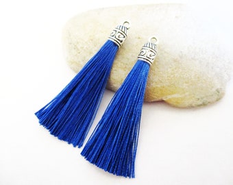 2 Royal Blue Tassels | Handmade Polyester Silk Tassels with Silver Bead Caps | Jewelry Necklaces Earrings Keychains Crafts Cushions Curtains