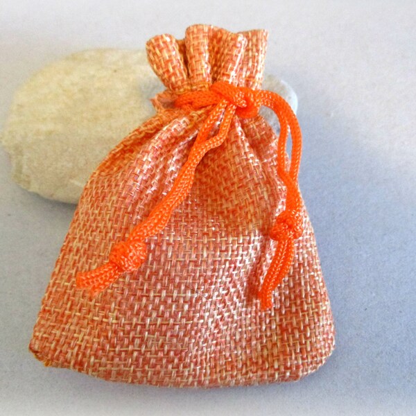 4 Pumpkin Orange Burlap Drawstring Bags: Bohemian Jewelry Pouches
