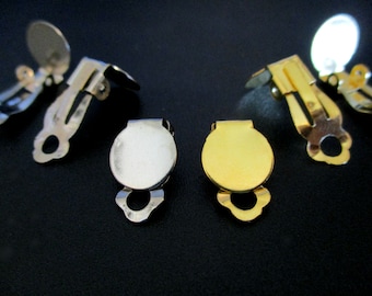 40 Clip On Earring Blanks: Silver or Gold Steel, 10mm Pad, DIY Jewelry