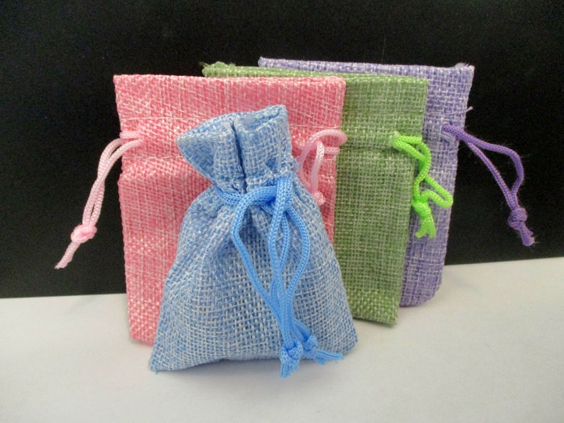 4 Jute Drawstring Bags Pastel Pink Blue Lavender Green Burlap Bags Fabric Jewelry Bags Cloth Favor Bags Jewelry Pouches Jewelry Storage image 1