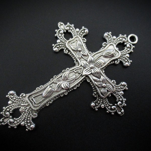 Large Silver Cross Pendant with Flowers Tulips Lilies | Cross Necklace Pendant for Women & Girls | Religious Jewelry | Easter Cross Jewelry