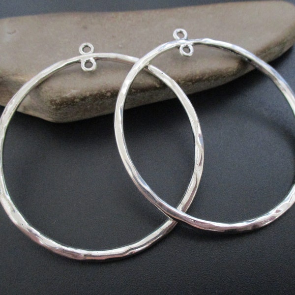 2 Large Round Silver Hoop Earring Charms or Circle Necklace Pendants with Extra Loop for Dangle Charms | Beading and Jewelry Making Supplies