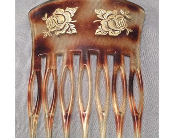 Vintage Hair Comb Faux Tortoise Shell Gold Roses Flowers France Accessory