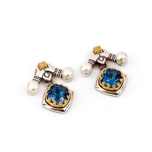 Byzantine Stud Earring Laskaridis with Natural London Blue Topaz Gemstone Sterling Silver 925 Gold Plated