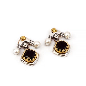 Byzantine Stud Earring Laskaridis with Natural Garnet Gemstone Sterling Silver 925 Gold Plated
