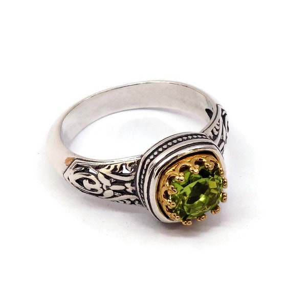 Byzantine Ring Laskaridis  Natural Peridot Gemstone, silver 925, Handmade Art Luxury with oxidized details, Sterling Silver Gold Plated