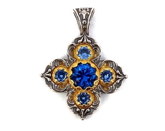 Art Handmade Byzantine Cross Pendant Laskaridis with zircon Aquamarine Sterling Silver 925 Gold Plated