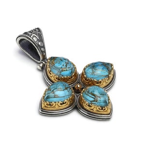 Byzantine Cross Pendant Laskaridis with Doublet  Turquoise Stone Sterling Silver 925 Gold Plated