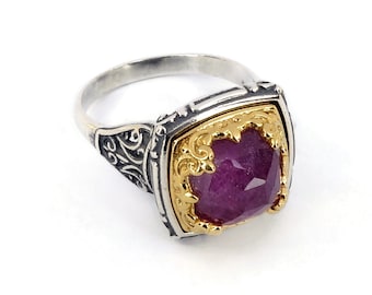 Byzantine Ring Laskaridis with Ruby Doublet Gemstone Sterling Silver 925 Gold Plated