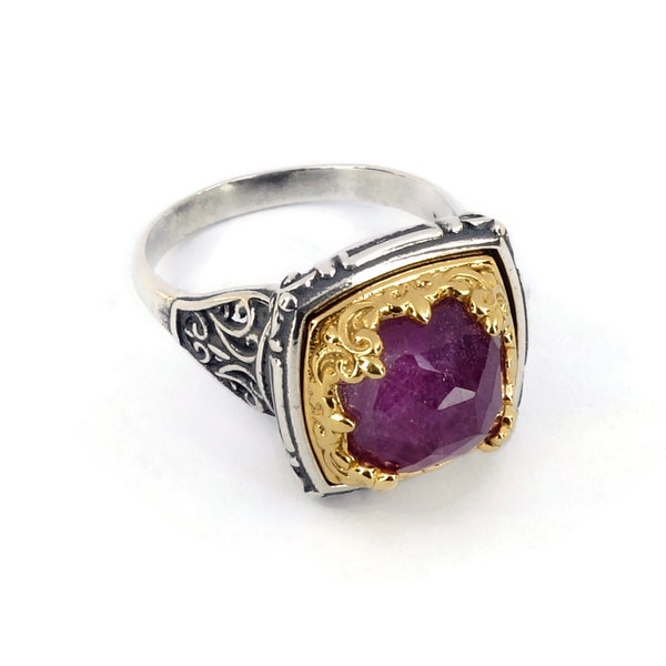 Byzantine Ring Laskaridis with Ruby Doublet Gemstone Sterling Silver 925 Gold Plated