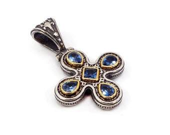 Byzantine Cross Pendant Laskaridis with zircon Aquamarine Sterling Silver 925 Gold Plated
