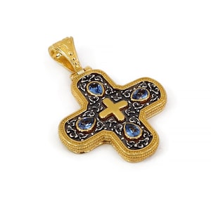 Byzantine Cross Pendant Laskaridis with zircon Aquamarine Sterling Silver 925 Gold Plated