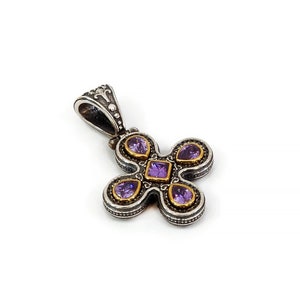 Byzantine Cross Pendant Laskaridis with zircon Amethyst Sterling Silver 925 Gold Plated