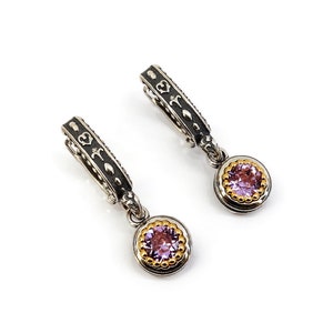 Byzantine Earring Laskaridis with Amethyst Crystal Stone Sterling Silver 925 Gold Plated