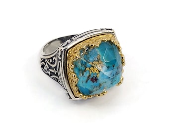 Byzantine Ring Laskaridis with Turquoise Doublet Stone Sterling Silver 925 Gold Plated